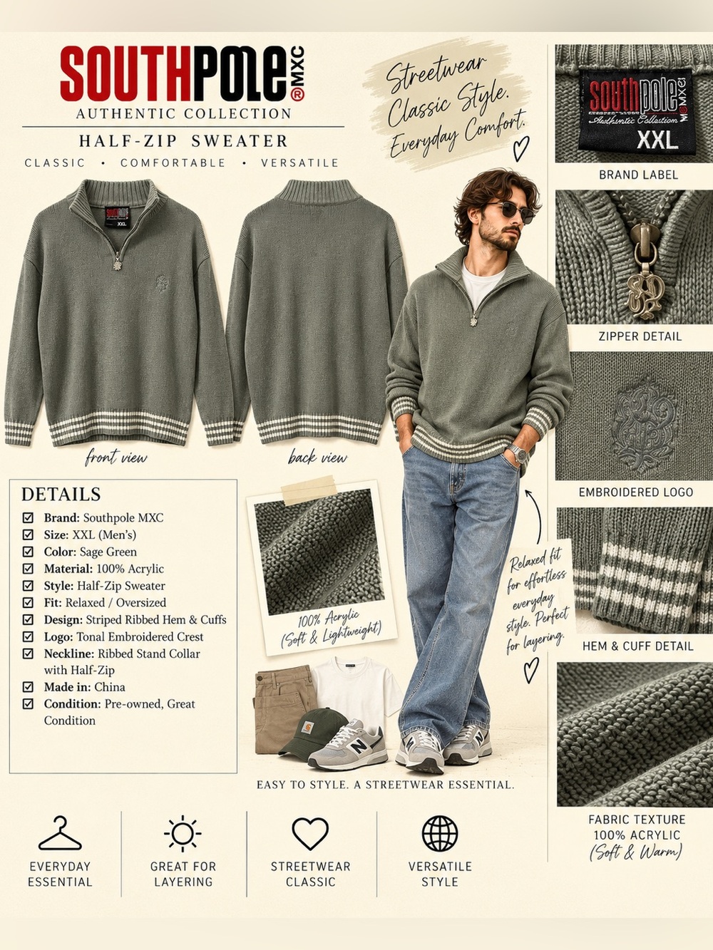 Southpole Men's Sage Green Half-Zip Sweater
